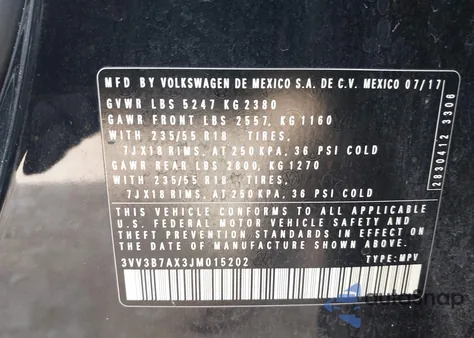 2018 Volkswagen Tiguan 2.0T Se/2.0T Sel z USA, uszkodzony, nr VIN 3VV3B7AX3JM015202